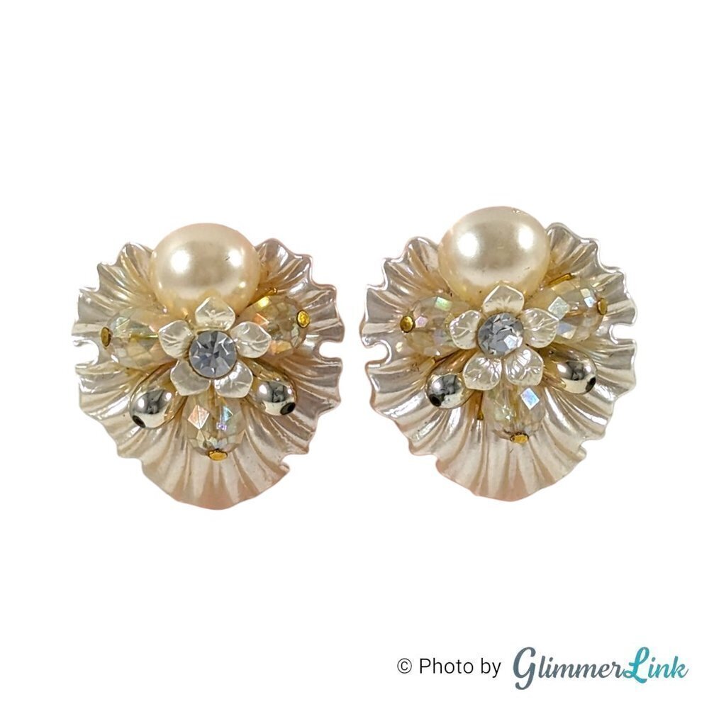 Floral Faux Pearl Beaded AB Lucite Cluster Bridal Retro Pierced Earrings